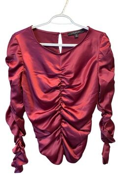 Marc New York Ruched Satin Long-Sleeve Top — Burgundy